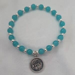 Silver and Teal Beaded Bracelet with Charm